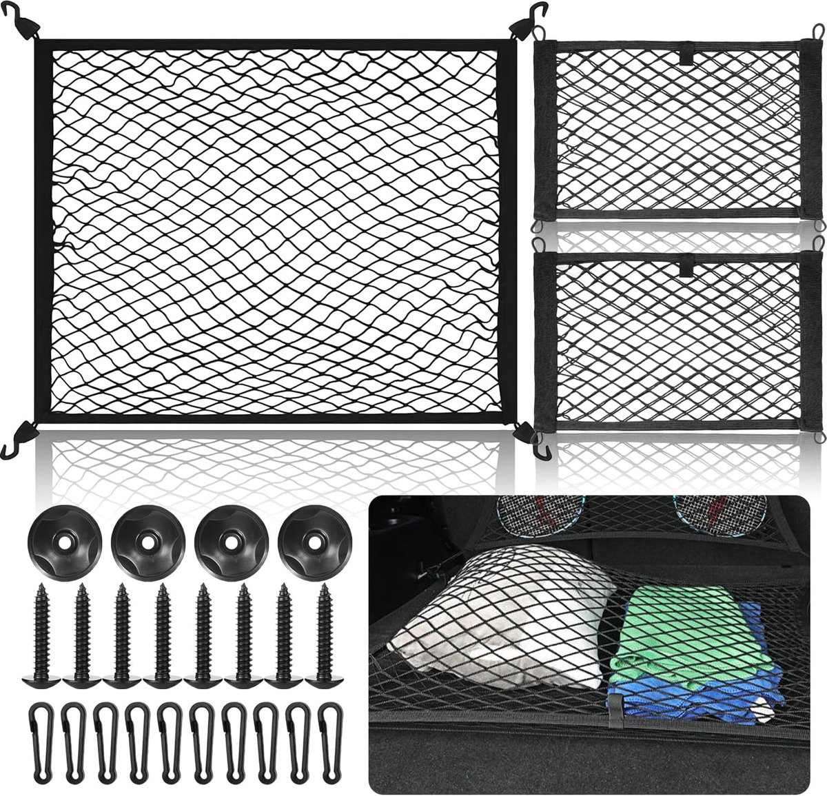 Bagagenet met haken en schroeven - elastisch polyester - complete set - ideaal voor het organiseren van uw kofferbak - ShopVlot