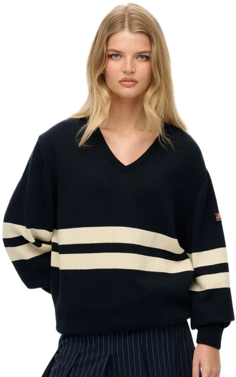 Superdry Oversized Gestreepte V-hals Trui Dames Sweaters Blauw