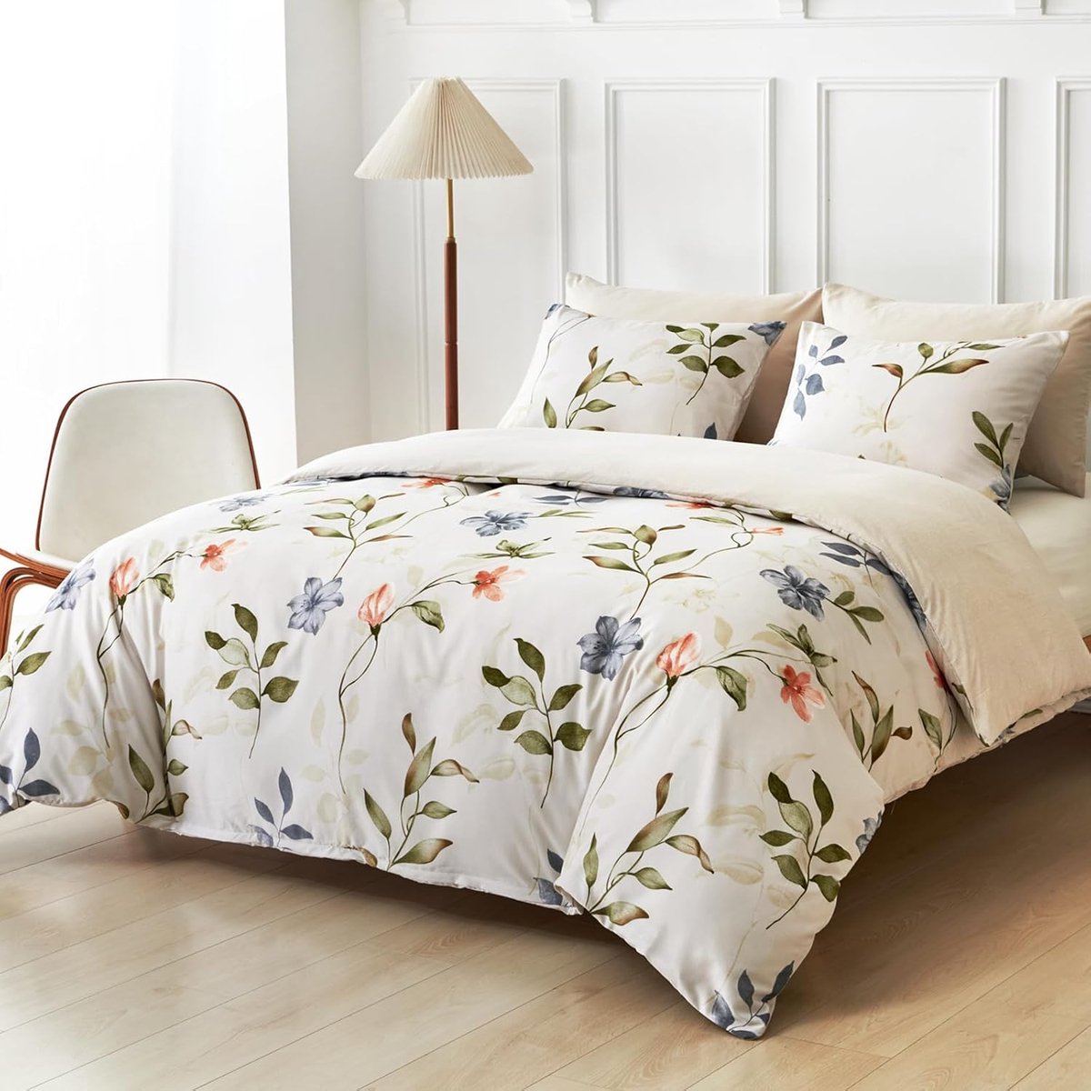 SnelShoppen - Dekbedovertrek 220 x 240 cm met 2 Kussenslopen 65 x 65 cm Bloemen Herfstbladeren 100% Microfiber Beige voor Volwassenen met Rits - Bedli