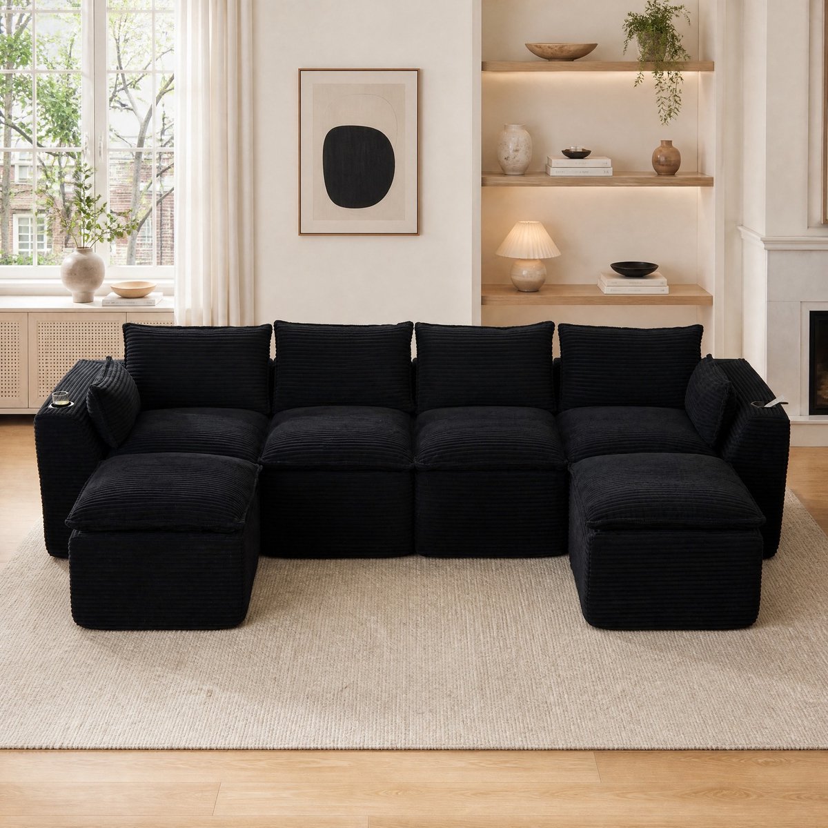 MODENUIT Hoekbank 322 x 161 cm - Vrij Combineerbaar Met 2 Voetbanken en Zijvakken - Woonkamer en Kantoor - Cord Zwart