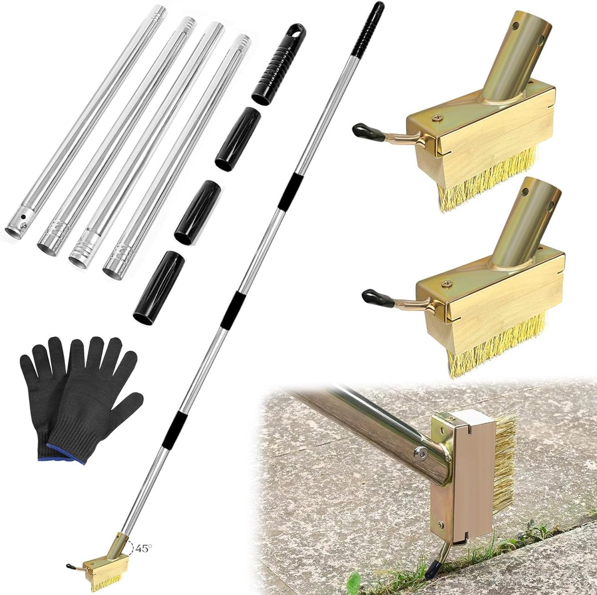Draadbezem met telescopische handgreep, metalen bezem voor tuin en terras, voor het verwijderen van mos en onkruid, 2 stuks