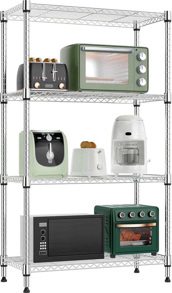 MZG Metalen Opbergrek met Verstelbare Planken, 4-Laags Stellingkast voor Keuken, Berging, Wasruimte en Garage, Vrijstaand Draadrek, 30×65×115,6 cm, Draagvermogen tot 454 kg, Chroom