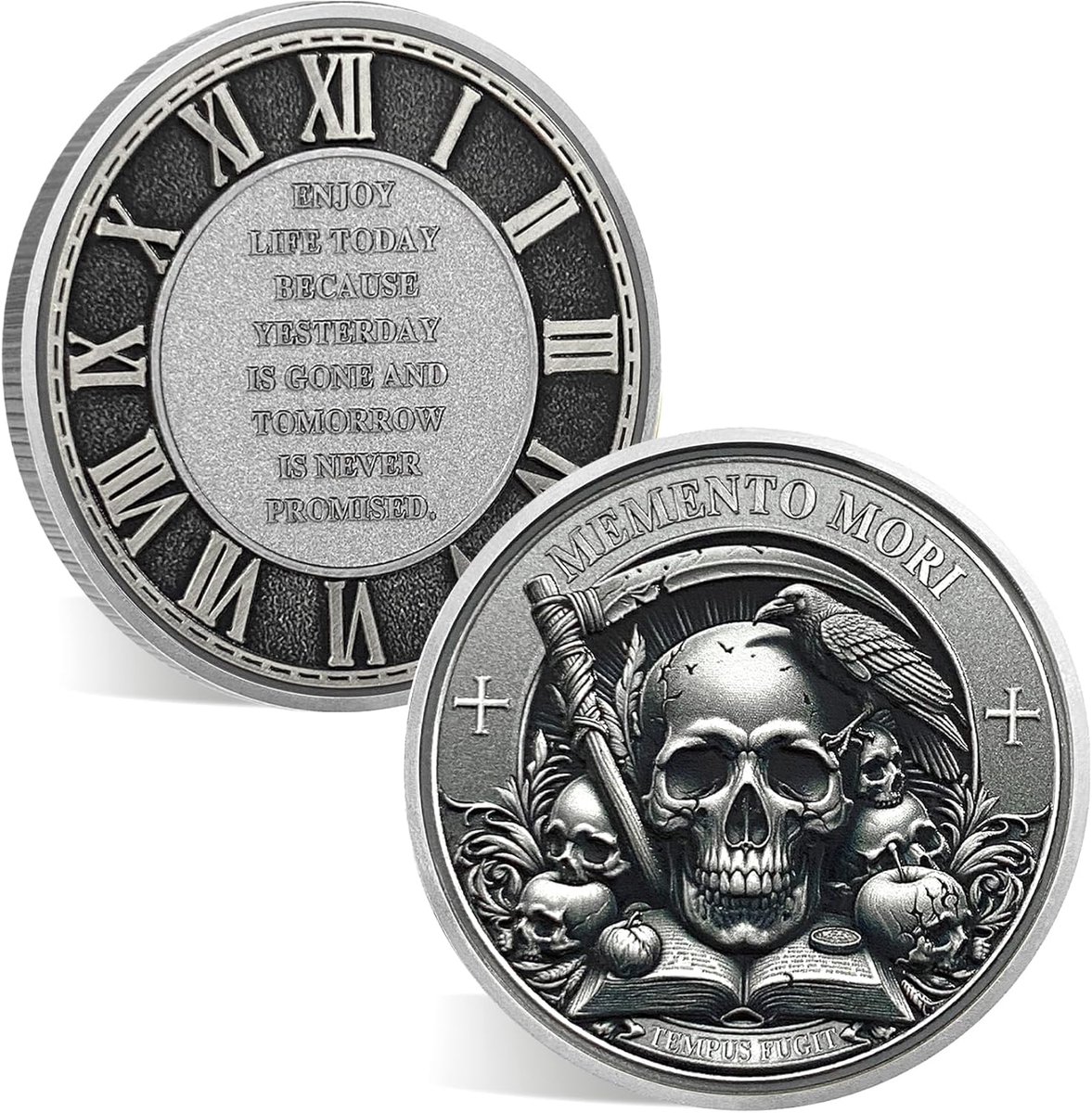 Mori Coin - Skull Memento Vivere munt stoïcijnse EDC-uitdagingsmunt voor dagelijkse praktijk - Geniet van het leven vandaag inspirerende motiverende herinnering token stoïcisme