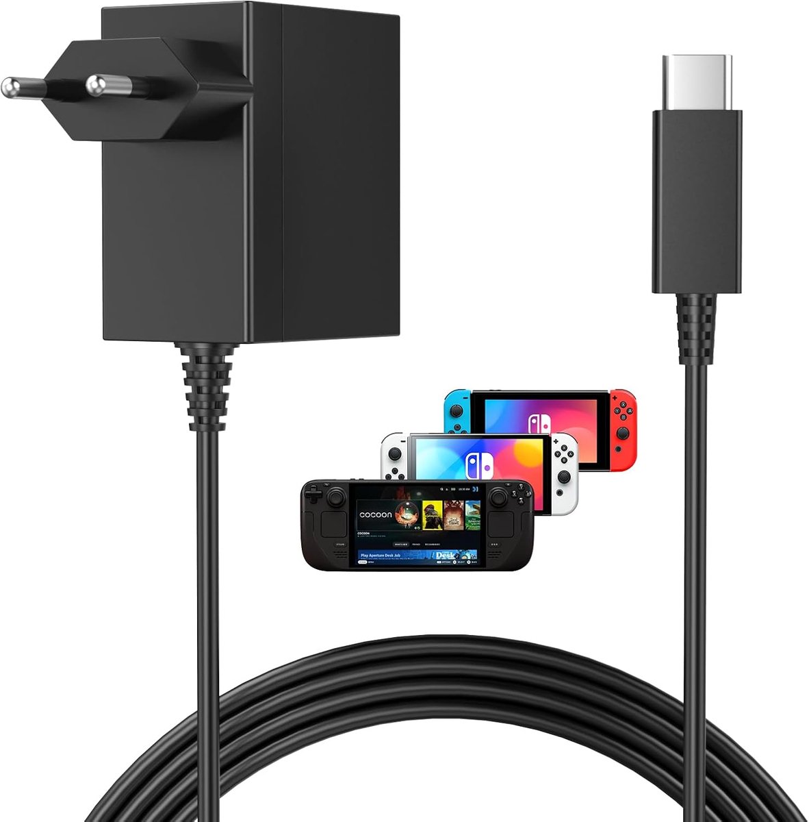 60W oplader voor Nintendo Switch 2/1/OLED/Lite, Pro Controller, PS5, Xbox Elite Series 2, Steam Deck, AC-voeding met USB C-kabel 2m, snellaadadapter compatibel met Switch Dock & TV