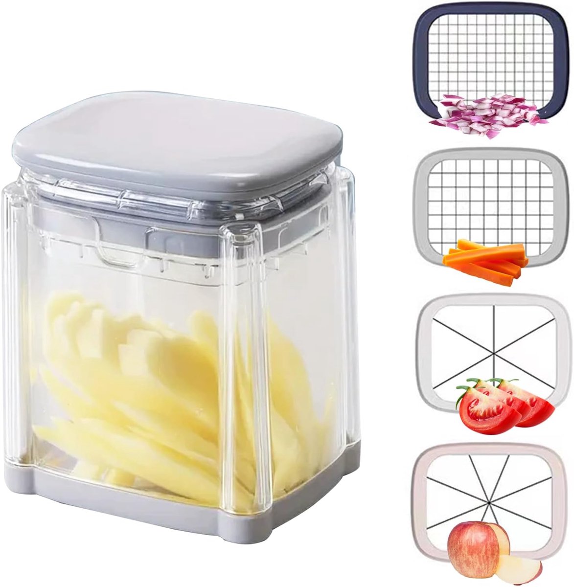 Frietsnijder met 4 messen van roestvrij staal, 4-in-1 friet snijder, handmatige groentesnijder, frituurmachine, frituurmachine, snel snijden, friet, fruit, aardappelen, uien (grijs)