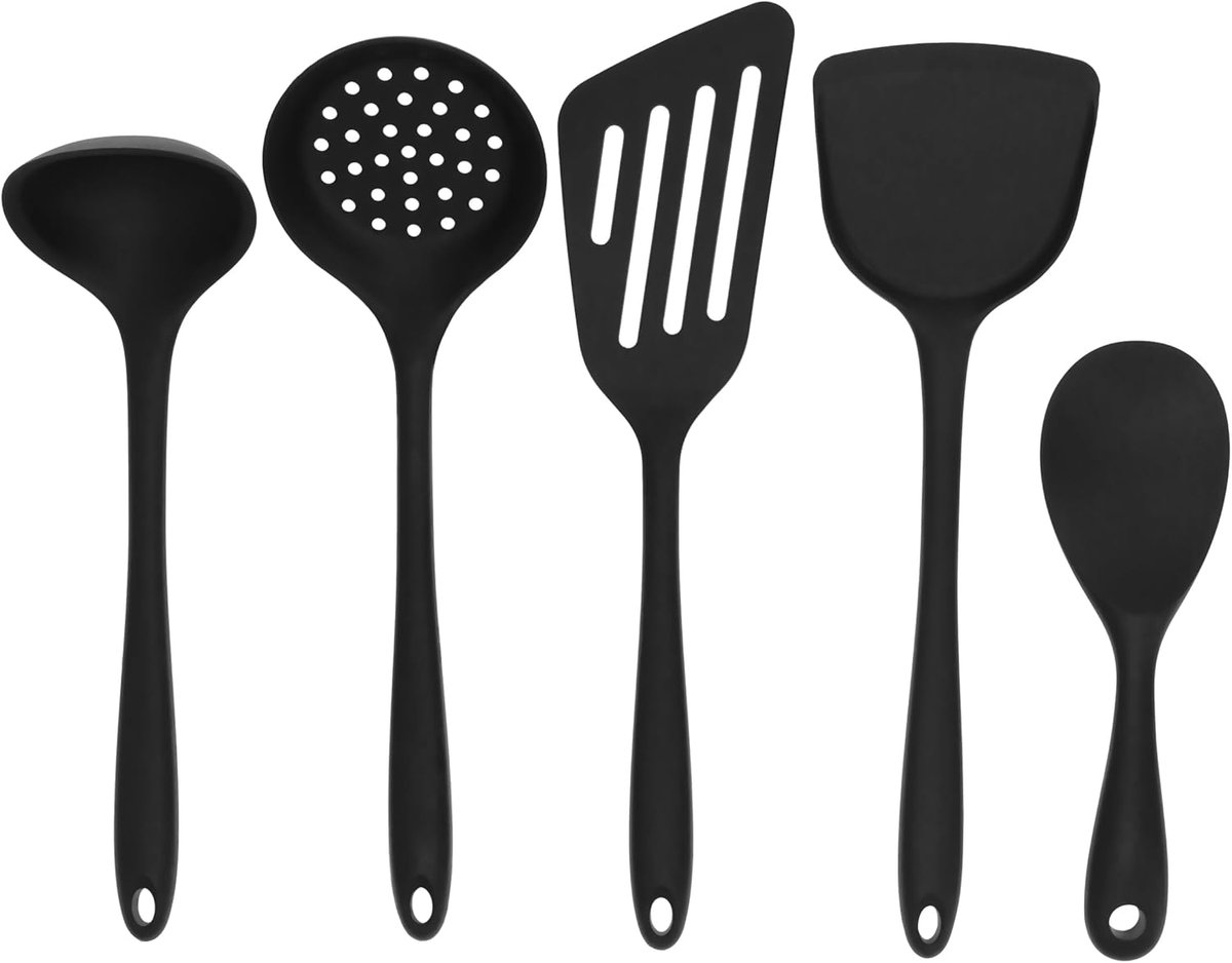 Keukengerei - Set van 5 - Kookgerei - Spatel - Bakspaan - Vergiet - Soeplepel - Siliconen - Zwart