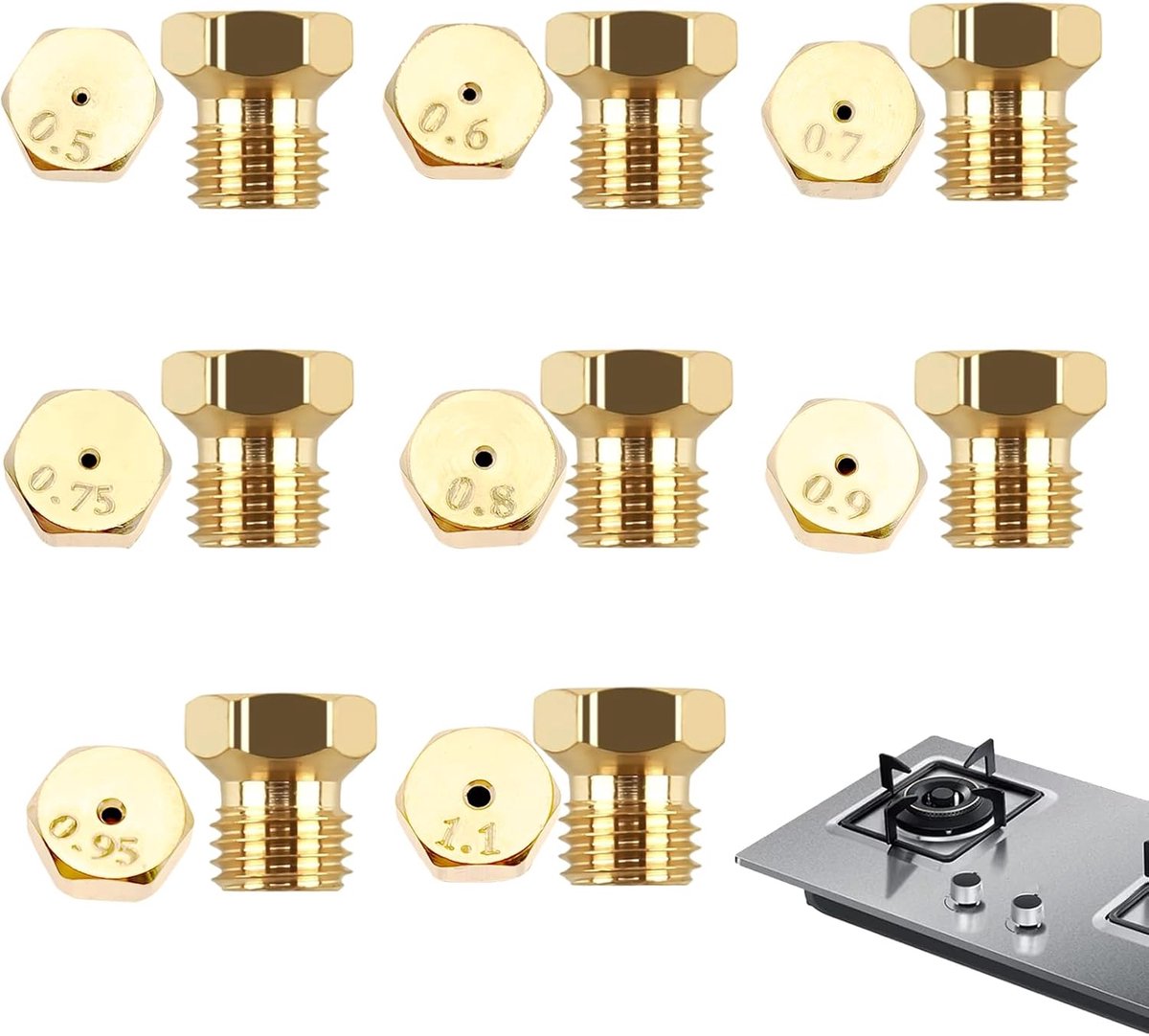 16 Stuks Gassproeiers Voor Gasgrill, Universeel Butaangasmondstuk | 0,5/0,6/0,7/0,75/0,8/0,9/0,95/1,1 mm Propaangasbrandermondstuk, M6 X 0,75 Schroefdraad, Voor Gassproeiers, Propaanbrander
