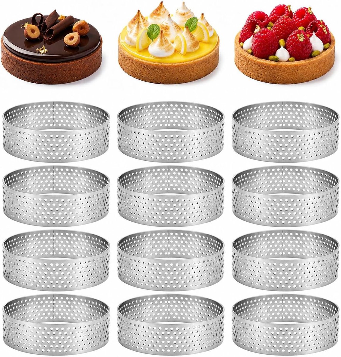 12 stuks mousse tartelette-vormpjes, 6 cm, dessertringen met gaten, 430 roestvrij staal, kleine geperforeerde taartring, dessertringen, moussering voor mousse, muffins, mini-pizza's, taarten