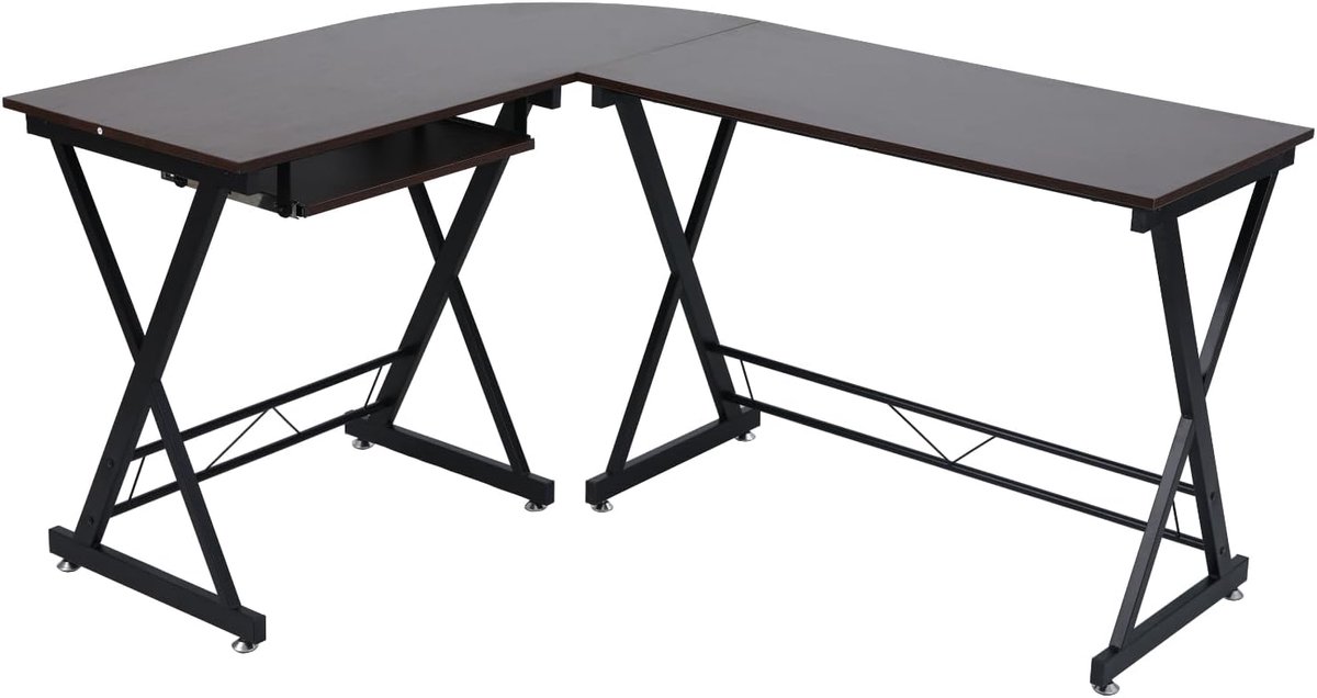 Eckhart Hoekbureau, gamingtafel, 150 x 120 cm, zwarte metalen poten, computertafel, werktafel, pc-tafel, bureau, ruimtebesparend, hoektafel, notenhout-look