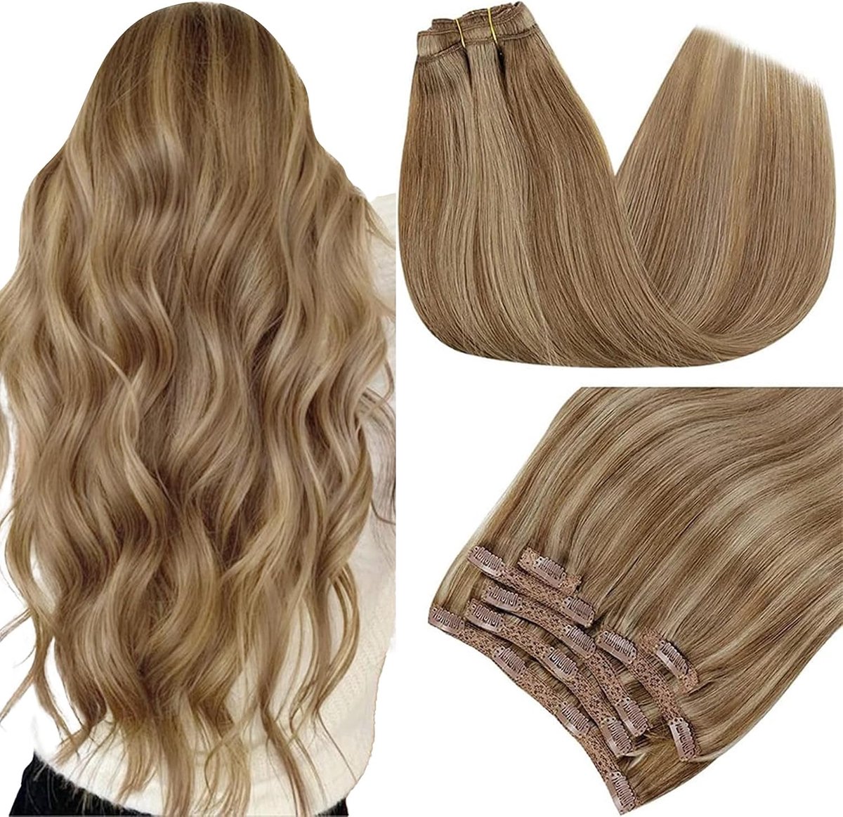 Clip in Hair Extensions Human Hair 7pcs 80g 25cm Donkerblond met Goudblond Korte Remy Hair #10P16 | Clip-in extensies, goudbruin met goudblond, echt menselijk haar, glad, glanzend, zijdezacht, natuurlijk effect