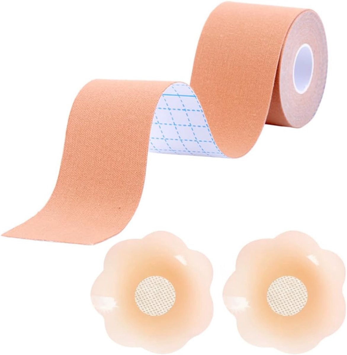 1 x herbruikbare plakbeha, push-up-effect, siliconen tepels, boob tape, baljurken en bruidsjurken, onzichtbaar en herbruikbaar, voor cupmaten A-E (5 cm x 5 m)