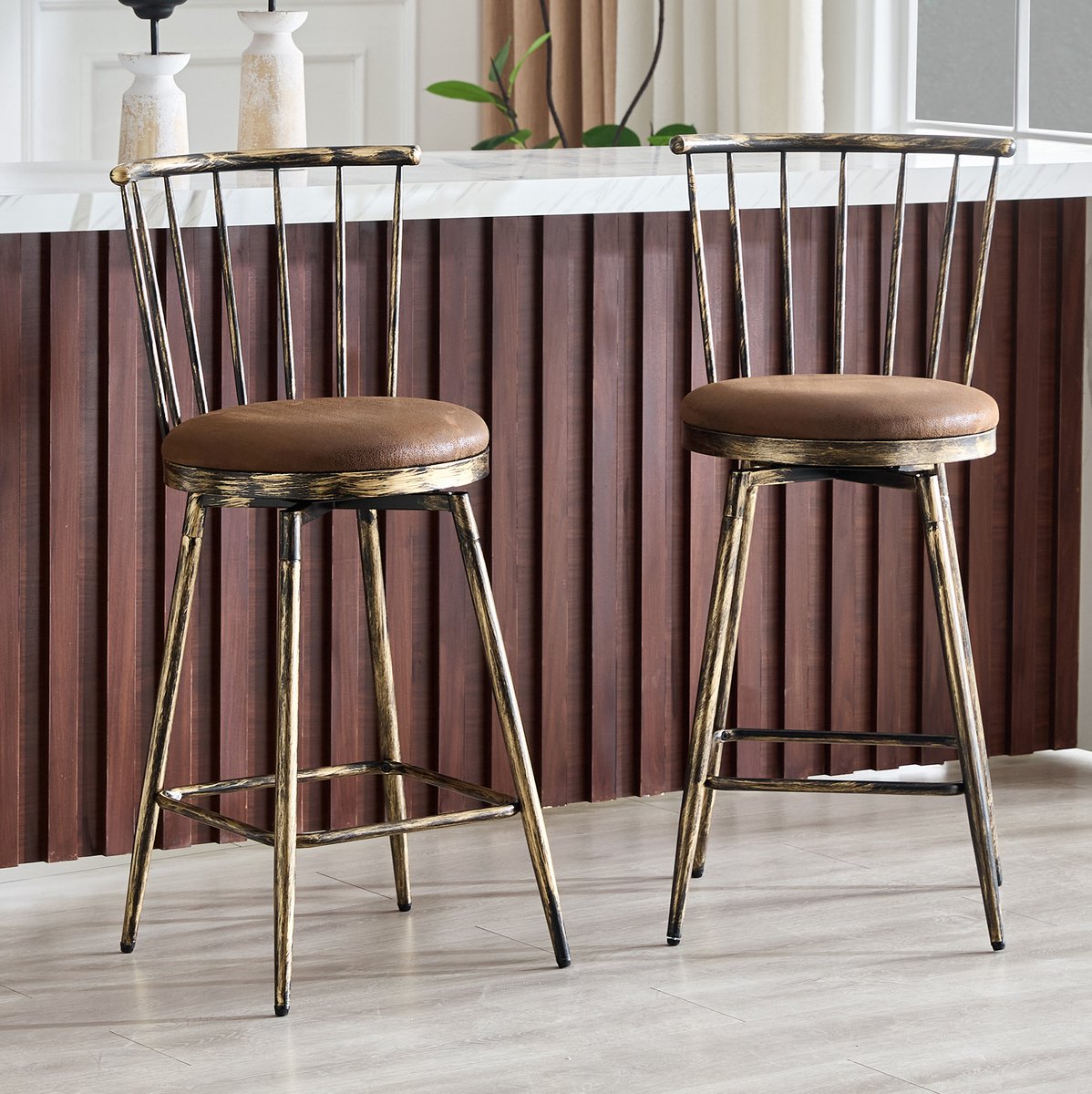 MIVRAY Barkruk 96 Cm - Windsor Rugleuning En Gevoerde Zitting - Voor Keuken Eiland, Bar En Restaurant - Metaal En Stof - Bruin