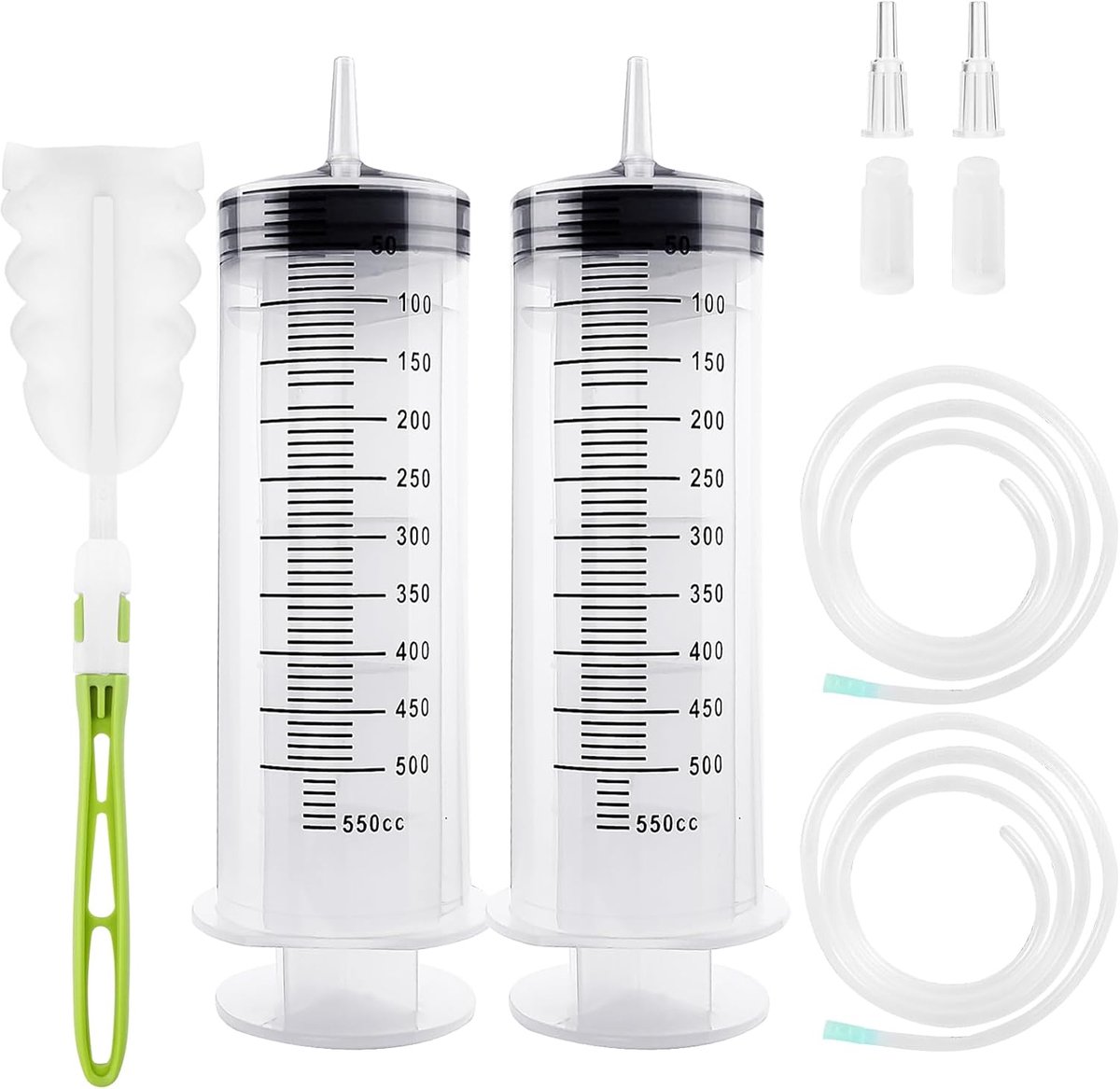 Spuit 550 ml + 550 ml, 2 stuks spuit met slang, doseerspuit, grote spuit voor motorolie, laboratorium, diervoeding, tuin, wetenschappelijk onderzoek