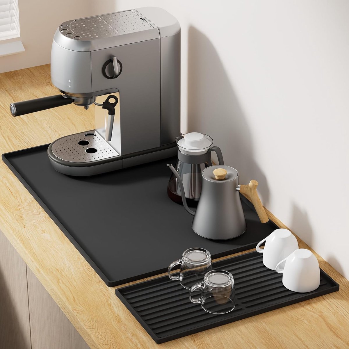 Koffiemat - 2-in-1 ontwerp voor koffieapparatuur en bekers - 61 x 40,5 cm onderkussen - 40 x 19 cm lade - perfect voor thuis keuken (zwart)