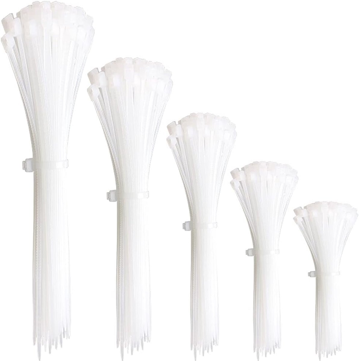 SnelShoppen - 300 Stuks Witte Nylon Kabelbinders Mixpakket Sterk Zelfvergrendelend Lange Plastic Zipper Tie Wraps Diverse Maten 100/150/200/250/300mm