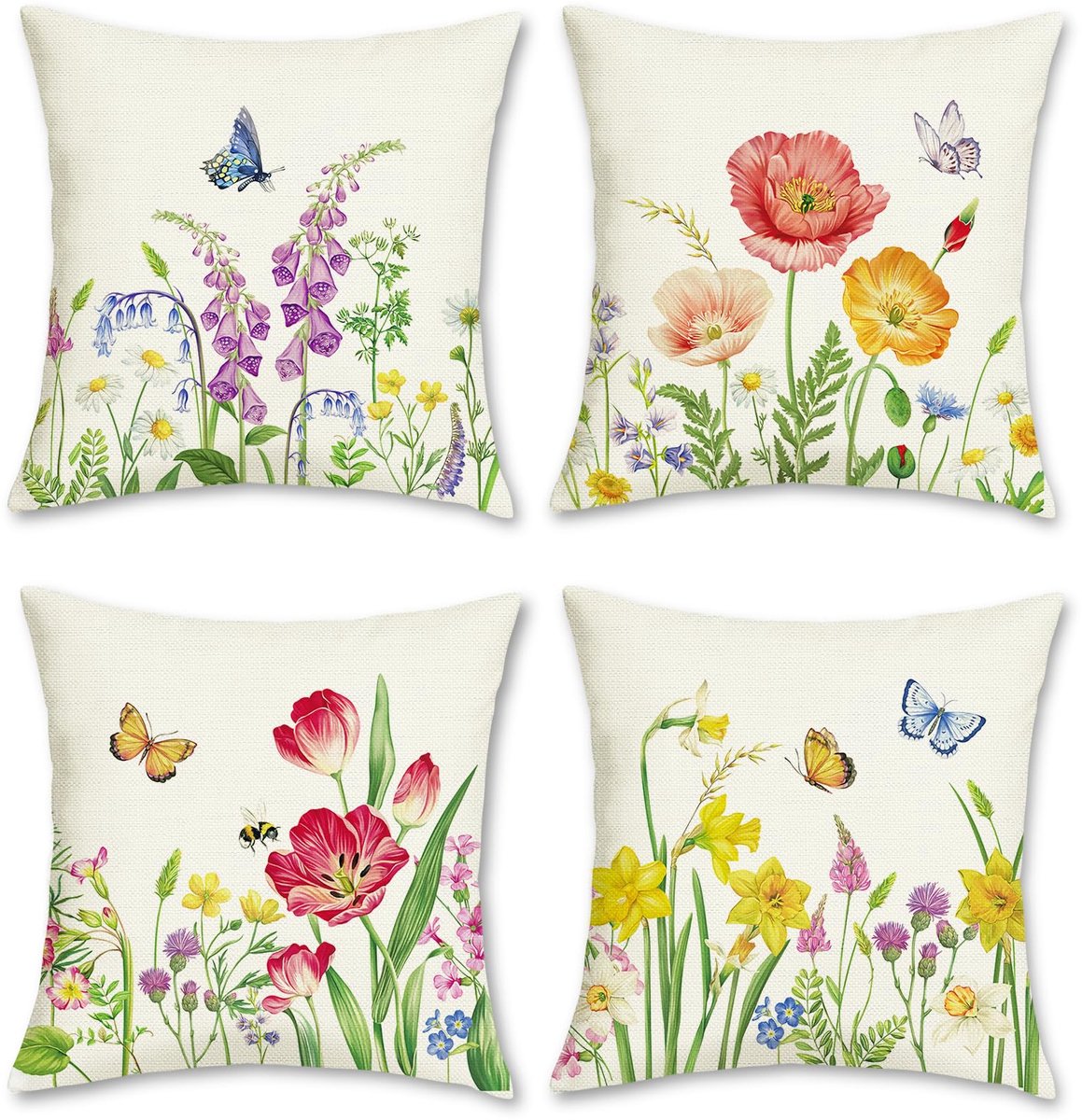 SnelShoppen - Set van 4 Lente Bloemen Kussenslopen 45x45 cm - Decoratieve Sierkussens voor Bank en Tuin - Polyester Linnen met Vlinders en Bloemen - P