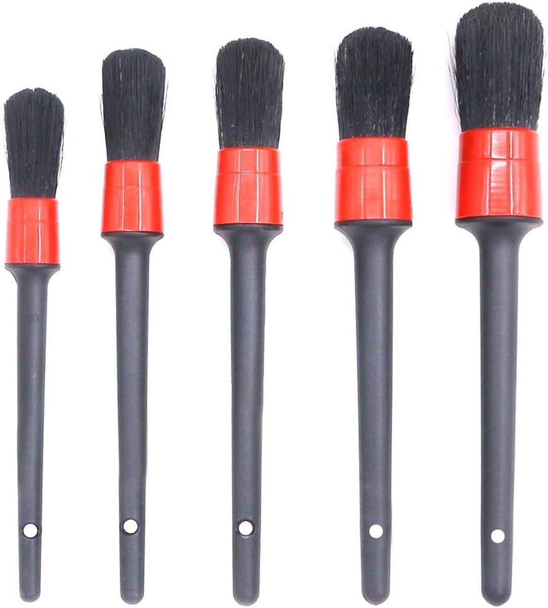 SnelShoppen - 5-delige premium natuurlijke varkenshaar detailborstel set voor auto detailing, schoonmaken van wielen, motor, interieur, emblemen, luch