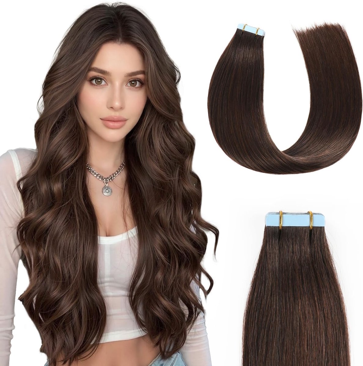 Tape-in extensies, echt haar, donkerbruin, tape-in extensies, echt