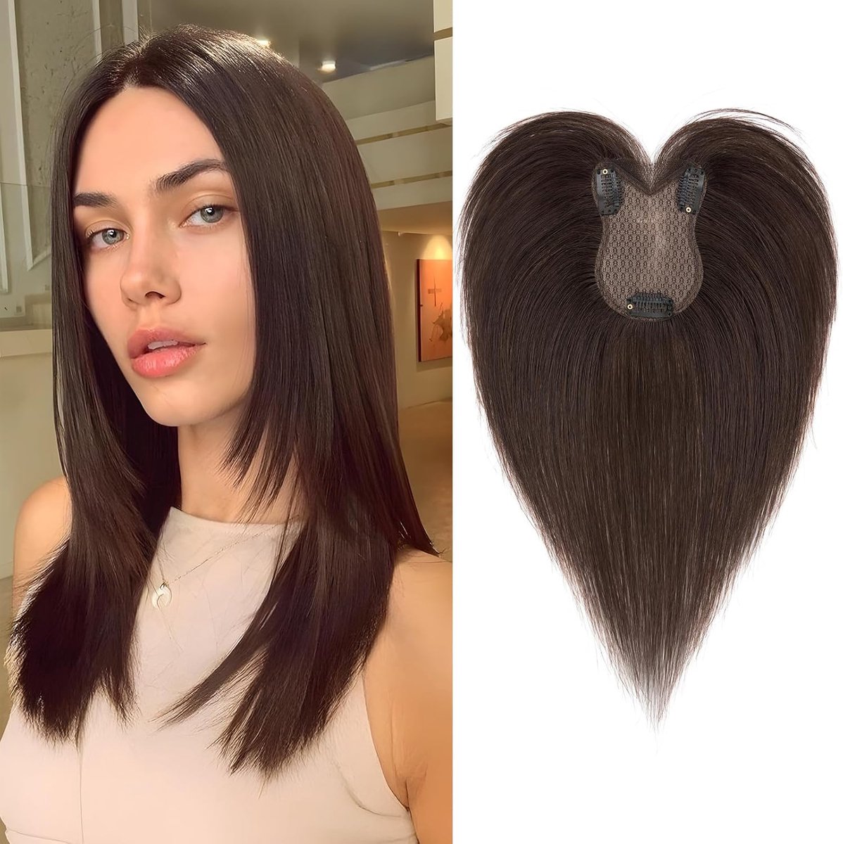 Toppers Echt Haar Zijkant Pony, 21g Haartopper van Echt Haar, 28CM Echthaar Onzichtbare Ademende Haartopper voor Vrouwen met Haaruitval, Mokka Bruin 8x11cm Basis van Zijde, #2R