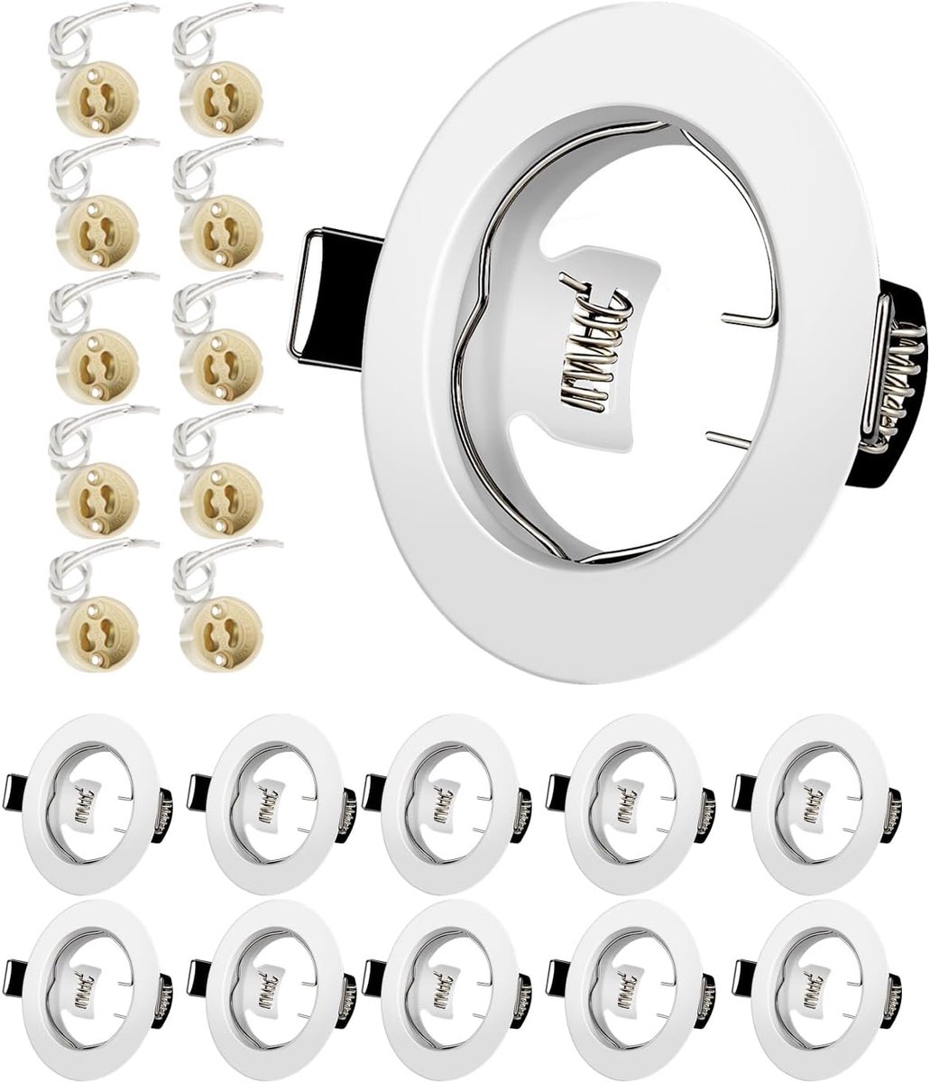 GU10 voor gipsplaten, ronde inbouwspots, wit, boring 55 mm-70 mm, voor 50 mm led en halogeen, inclusief lamphouder GU10, set van 10 stuks