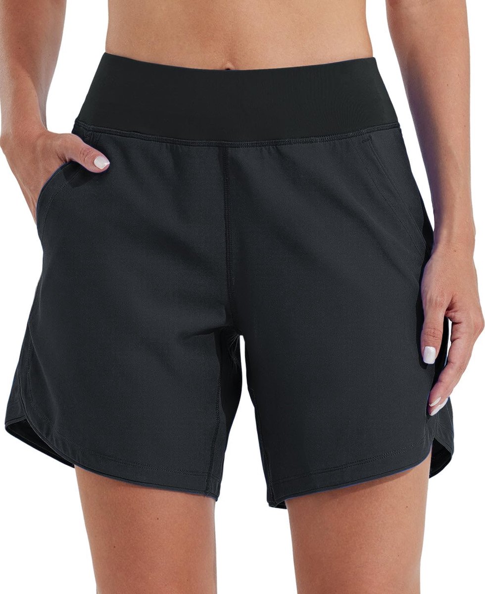 Shorts, boardshorts voor dames, 17,8 cm, sneldrogend, hoge taille, UPF50+ UVA-bescherming, met binnenzakken, zwart, 38