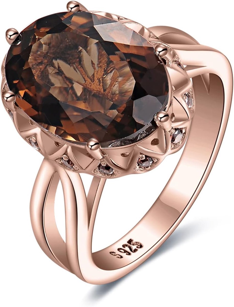 Ovale 5,7ct Echte Rookkwarts Solitaire Ring Dames, Gigantische Edelsteen Sieradenset, Ring Zilver 925 Damesring Steen, Cocktailring Zilver 925 Zilveren Ring Dames Vrouwen Roségoud Goud