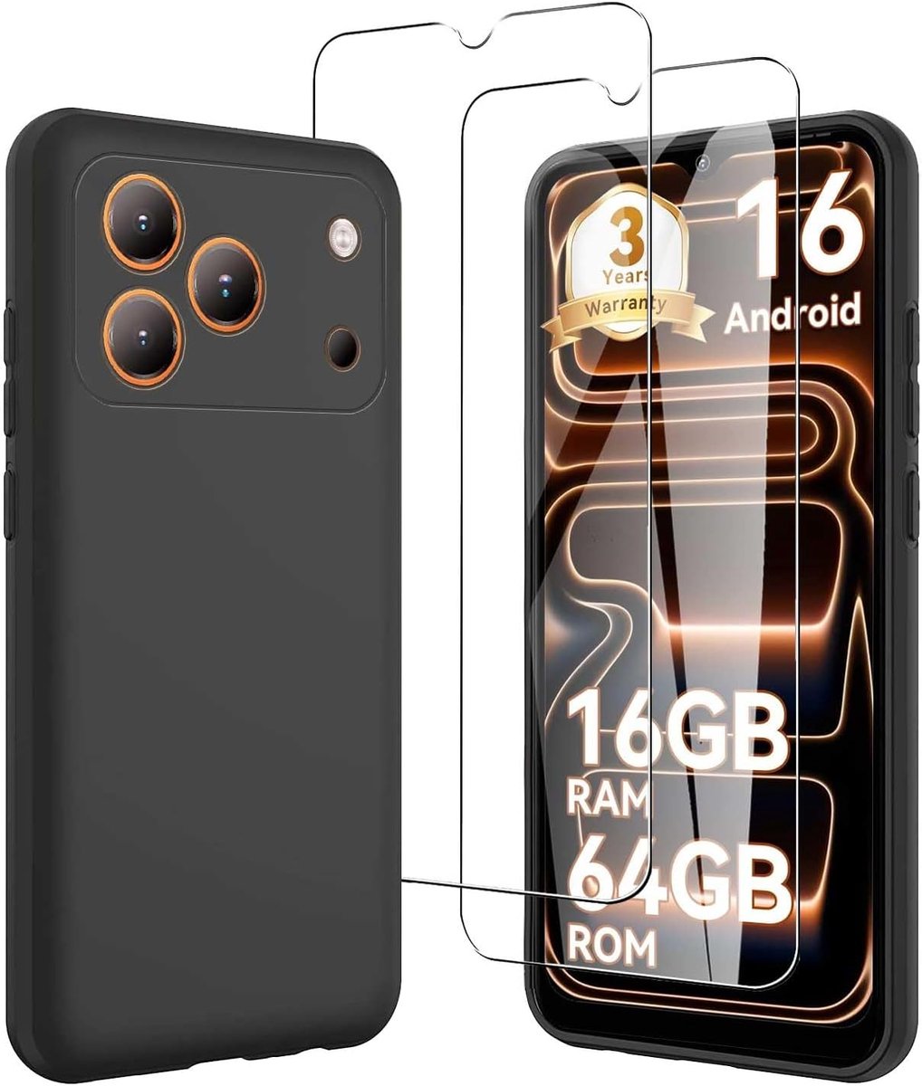 compatibel met Blackview Wave 7C (6,56 inch) en 2 stuks displaybeschermfolie van gehard glas, zwart, zachte siliconen beschermhoes, TPU-beschermhoes, zwart