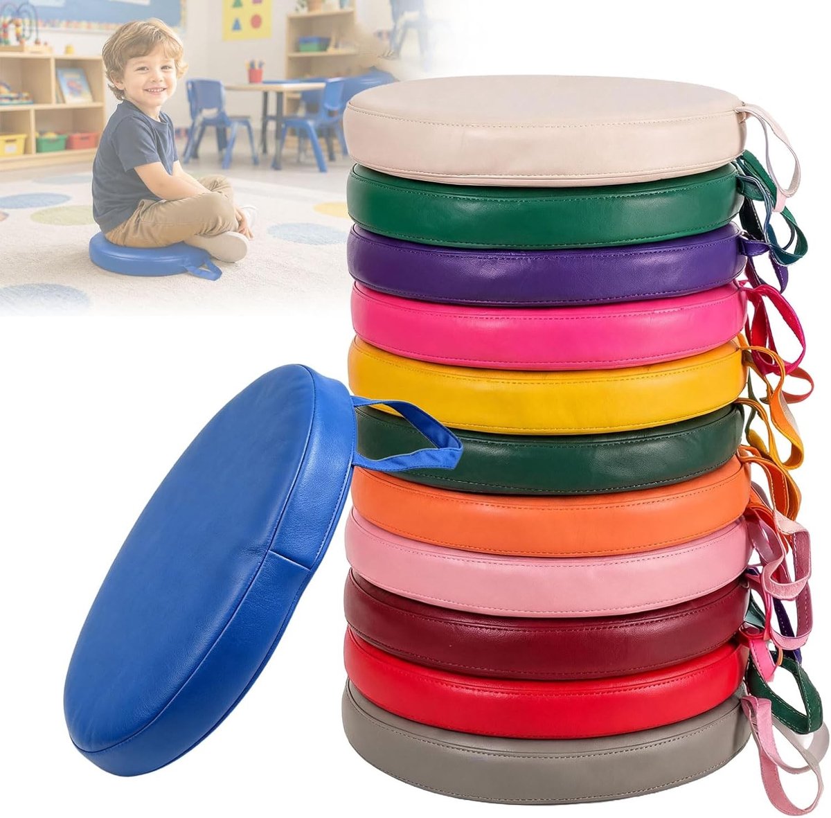 Set van 12 kleurrijke vloerkussens voor kinderen, afneembare hoes, flexibele zitplaatsen voor klaslokaal en kinderdagverblijf, ideaal voor meditatie en spelen