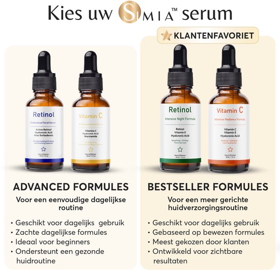 Flesjes retinol en vitamine C serum, links "Advanced Formulas", rechts "Bestseller Formulas".