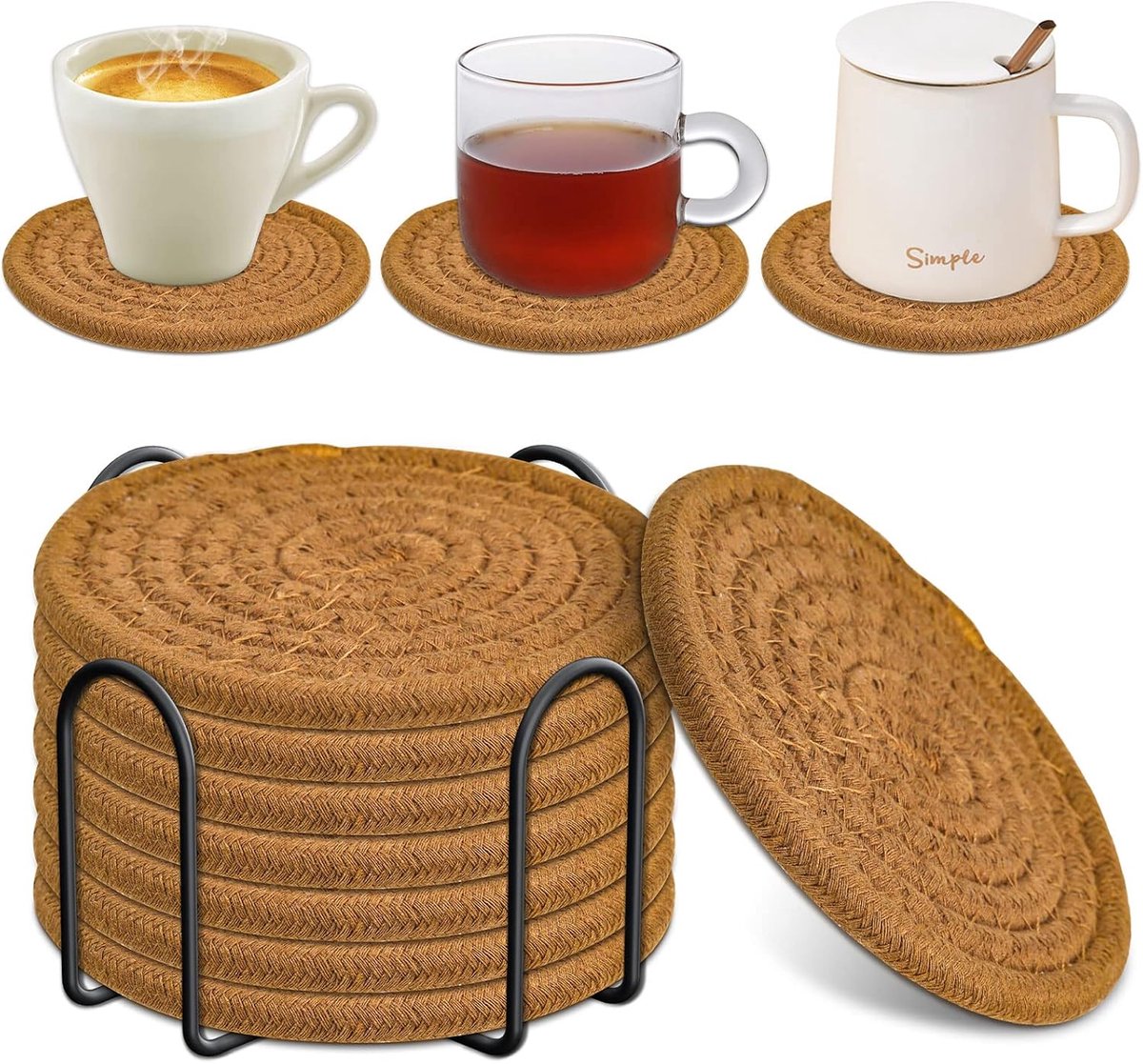 Onderzetters -onderzetters met houder -onderzetters kurk- Thermische isolatie - 8 Stuks Katoenen Onderzetters met Houder – Handgemaakte Gevlochten Onderzetters - Absorberend en Wasbaar - Zachte Onderzetters met Metalen Standaard