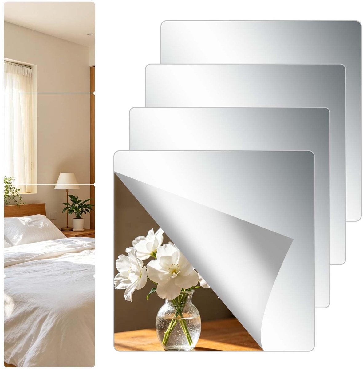Omgoods - Set van 4 Zelfklevende Spiegeltegels 25 x 25 cm voor Decoratie