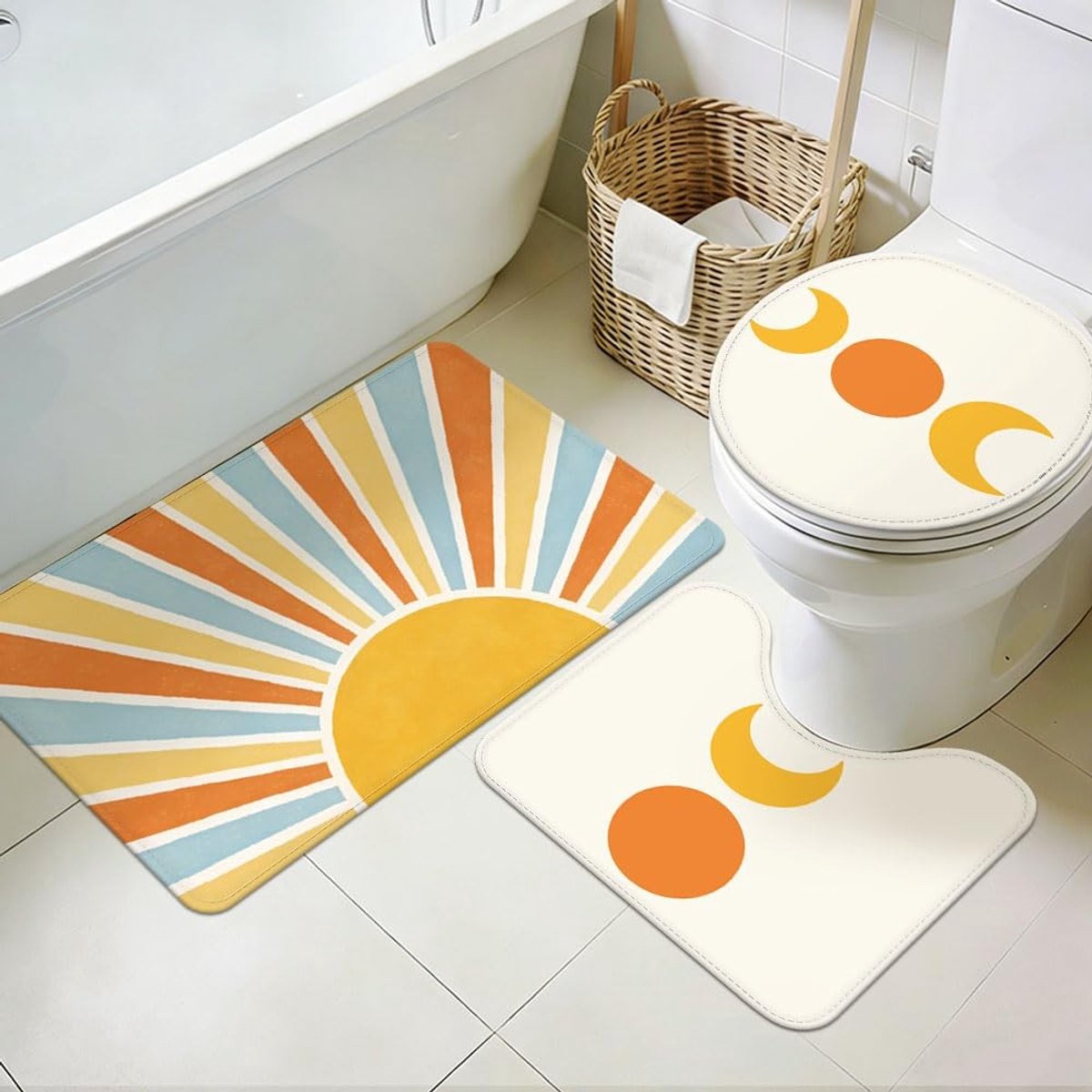 Omgoods - Set van 3 Wasbare Badkamertapijten met Toiletmat in Zon- en Maandesign