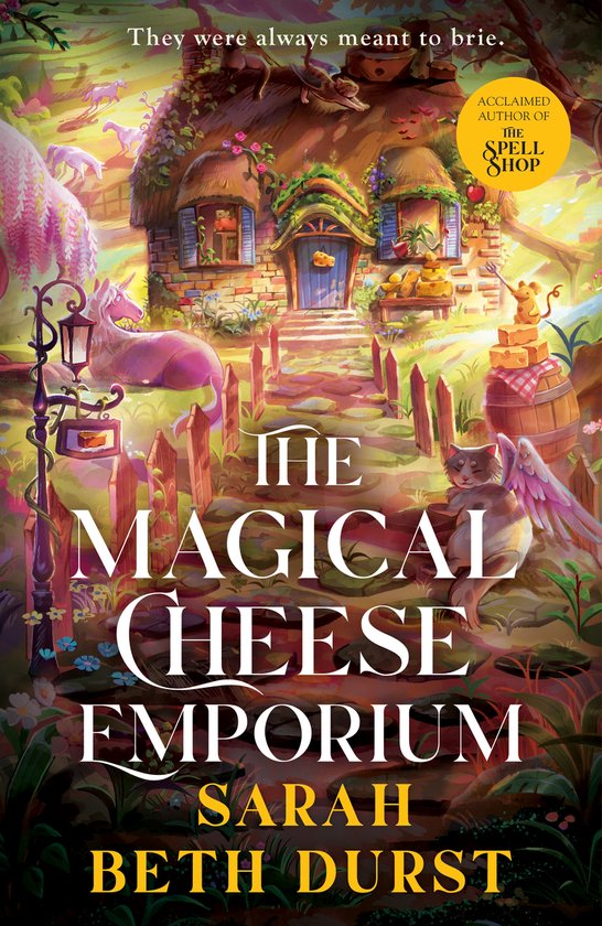 Couverture du livre 'The Magical Cheese Emporium' avec une maison fantaisiste, une licorne et un chat ailé.
