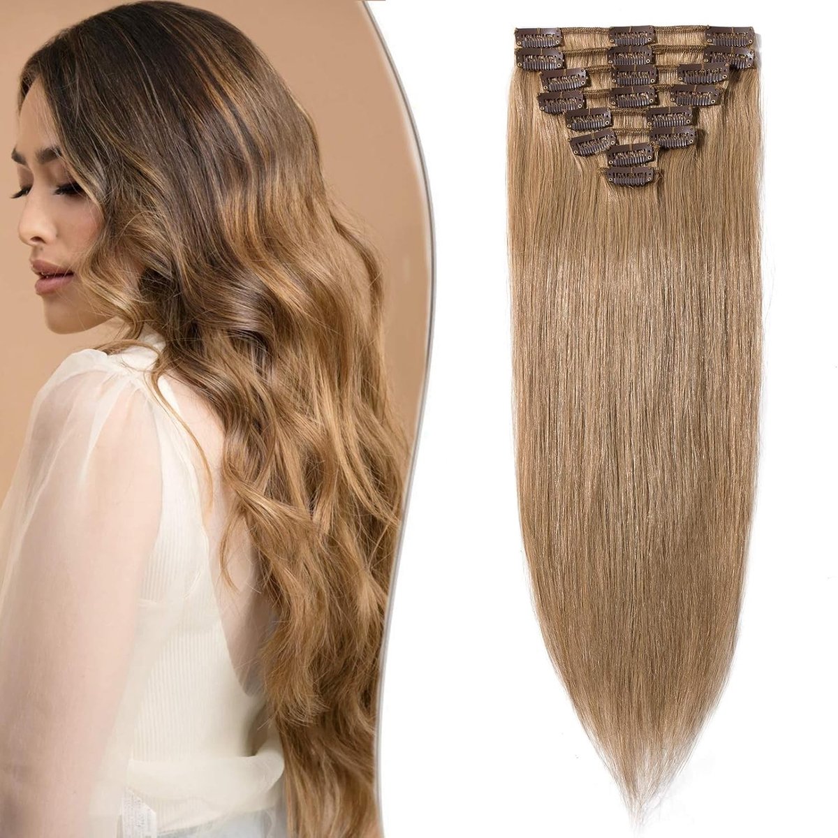 Clip-In Echte Haar Extensions, 8 Strengen, Dunne 100% Remy Menselijke Haar, Steil, 61 cm (80 g), Honingblond #27-1, Volumineus en Natuurlijke Look