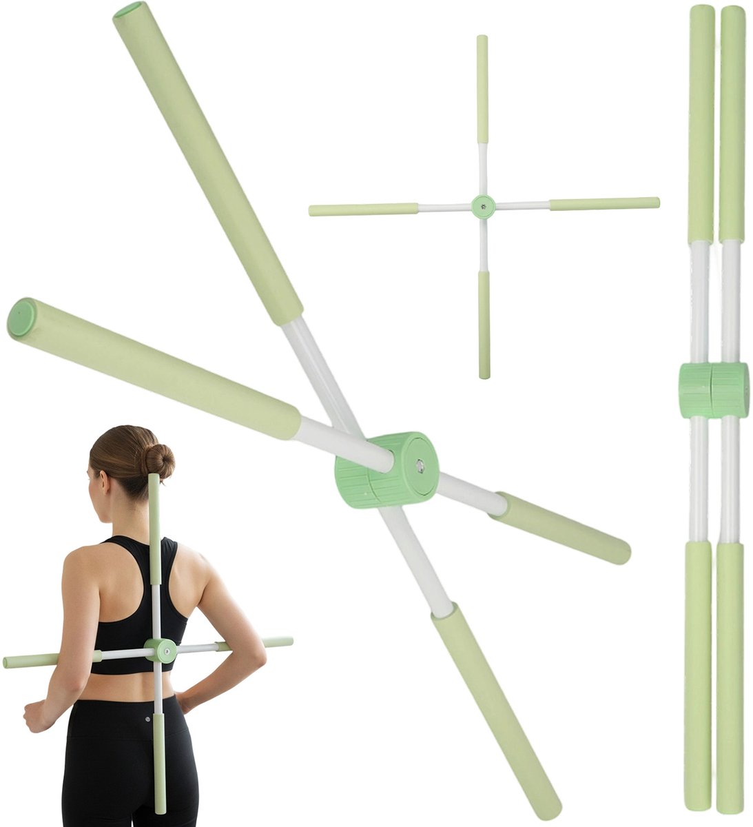 Yogastick Kruisvormig 77 cm - Mintgroen - Stevig Metaal & Schuimgreep - Snelle Draaivergrendeling - Houdingscorrectie & Schouderopening - Rugstrekking & Borststretch - Draagbaar & Ruimtebesparend - Voor Thuis, Sportschool & Yoga