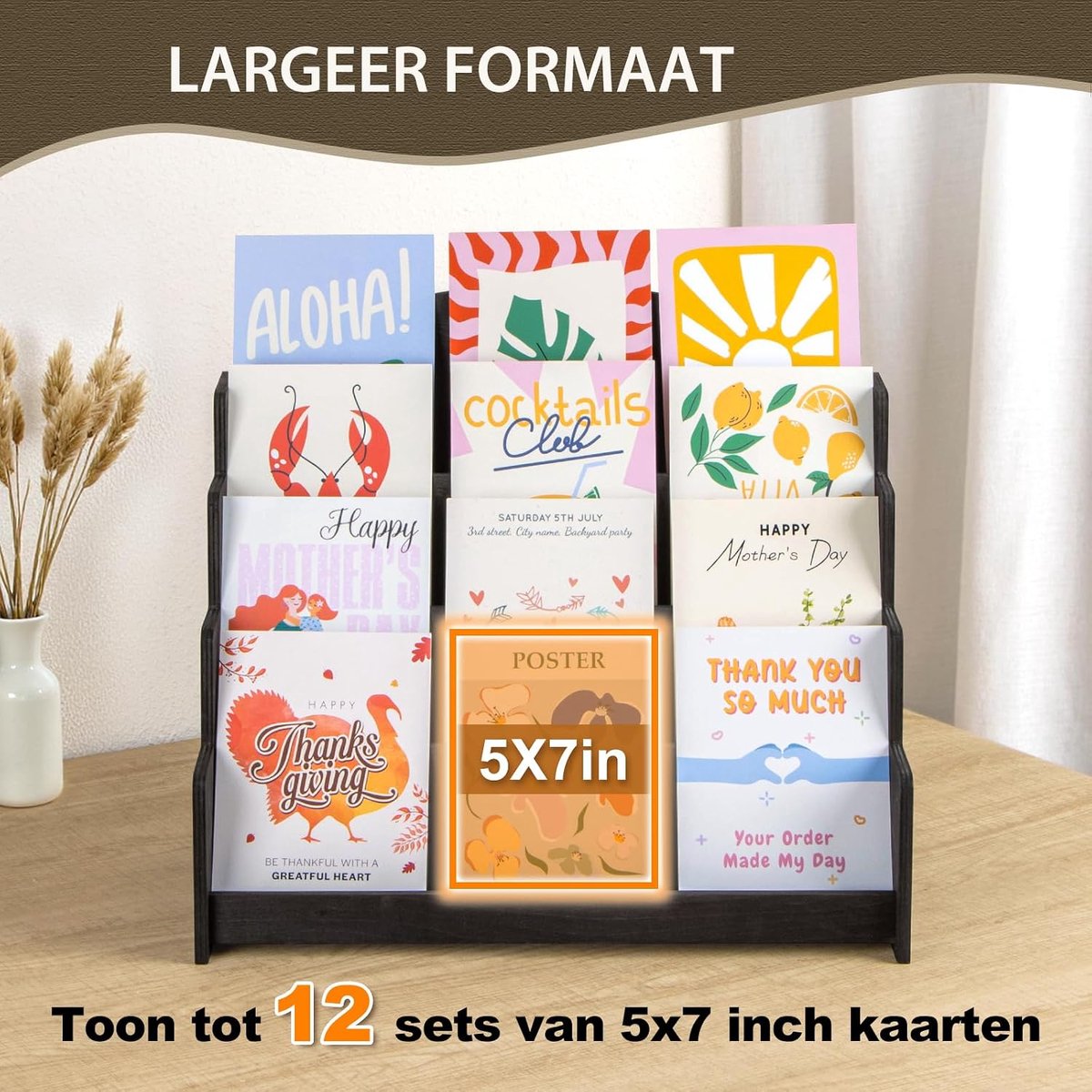 SnelShoppen - Houten Kaartenstandaard voor Groetekaarten, Organizer en Opberghouder voor Postkaarten en Stickers, 4-Laags, Zwart, Vintage Design voor