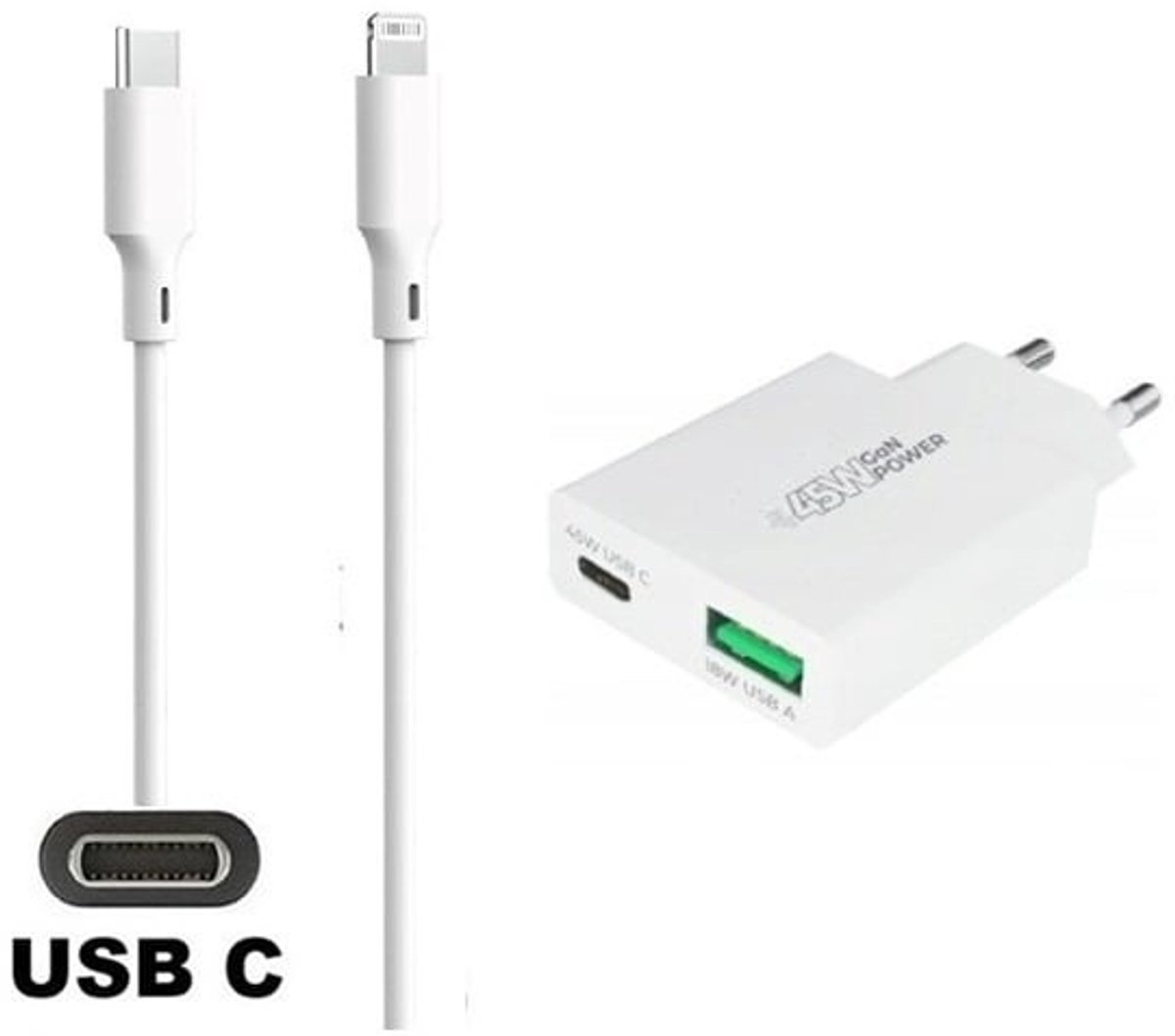 45W super snellader met 2 poorten en screenprotector + 1,2m USB C naar Lightning kabel. Universele PD PPS lader. Compacte GaN oplader adapter. Glazen screenprotector past op Apple iPhone 13 Pro Max & iPhone 14 Plus