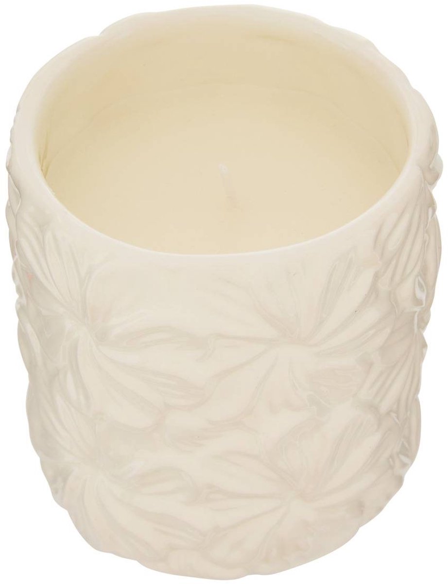 Geurkaars in keramische pot met reliëf FLEUR DE ROSE