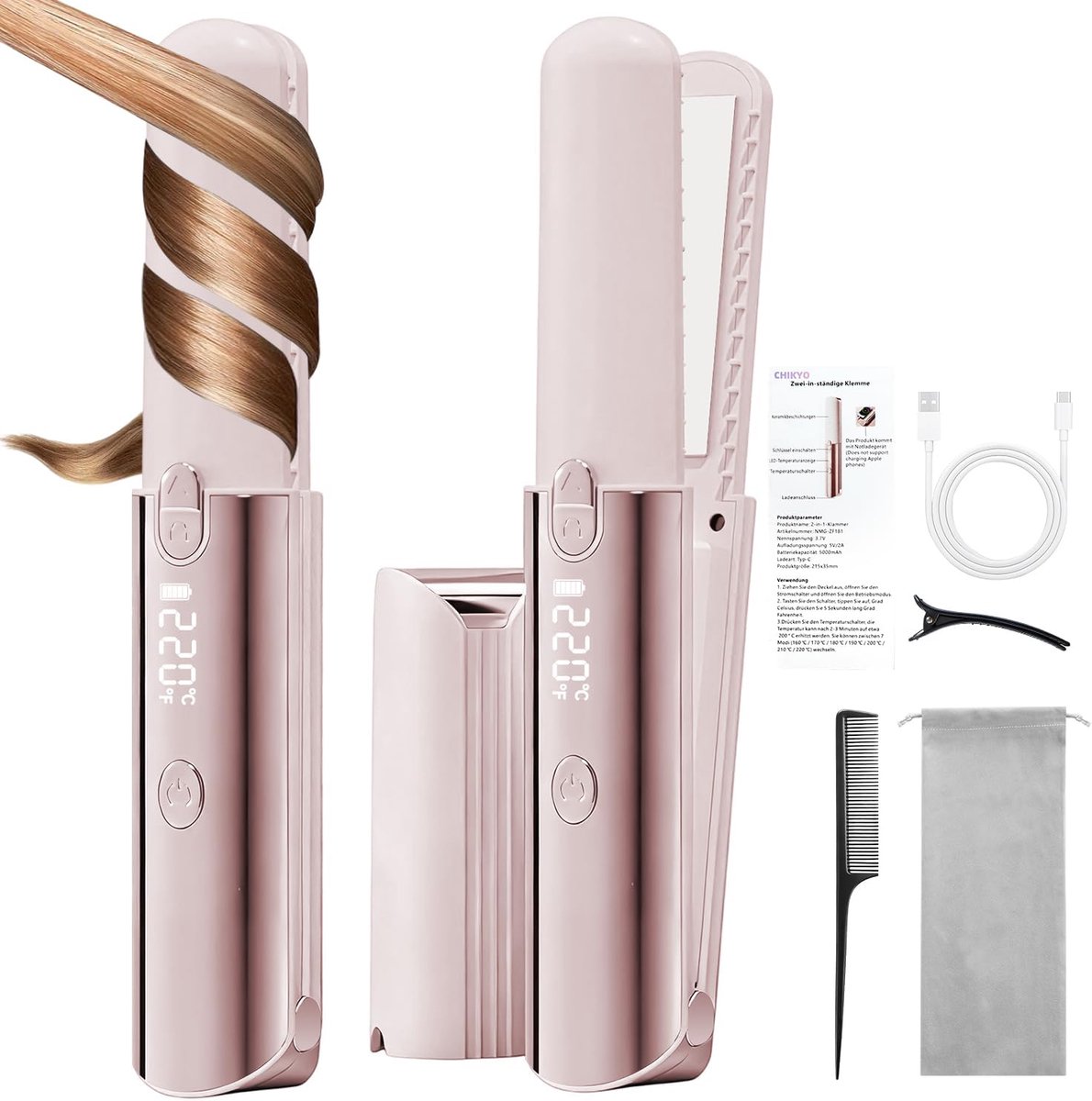 Cordless 2 in 1 Hair Straightener Portable On-The-Go Curling Iron, Portable Power Bank, 7 Temps, LED Display, Rechargeable Mini Flat Iron for Travel, 5000mAh Battery, Pink
