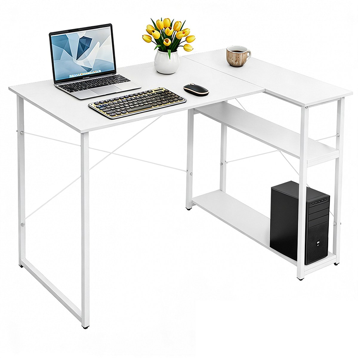 PIPIPOXER Bureau-Retro Schrijftafel - Computerbureau met 2 planken- Bureautafel van hout en metaal - Industrieel design - met opbergvak - 100 x 70 x 75 cm - Wit