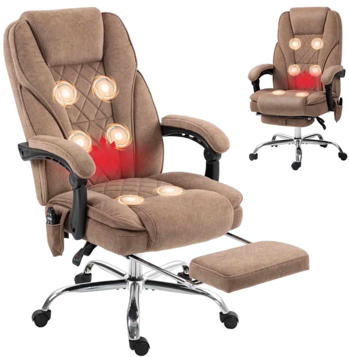 Ergonomische Bureaustoel met Massagefunctie, Draaifunctie & Voetensteun - In Hoogte Verstelbaar - 360° Draaibaar - Max. kanteling 135° - Kantoorstoel - Gamestoel - Volwassenen Stoel - Directiestoel - Computerstoel - Bruin