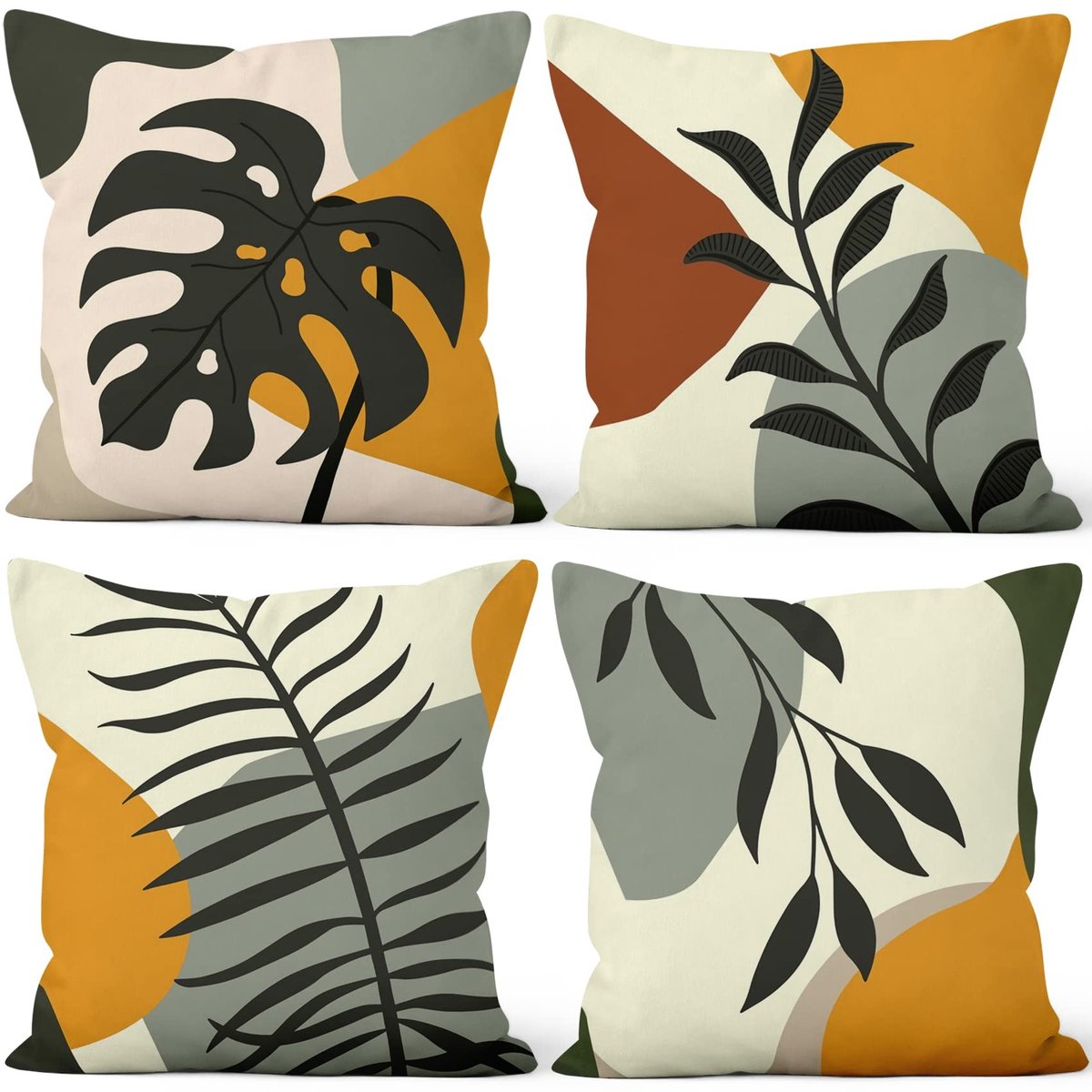 Omgoods - Set van 4 Minimalistische Kussenhoezen met Bladeren 40 x 40 cm
