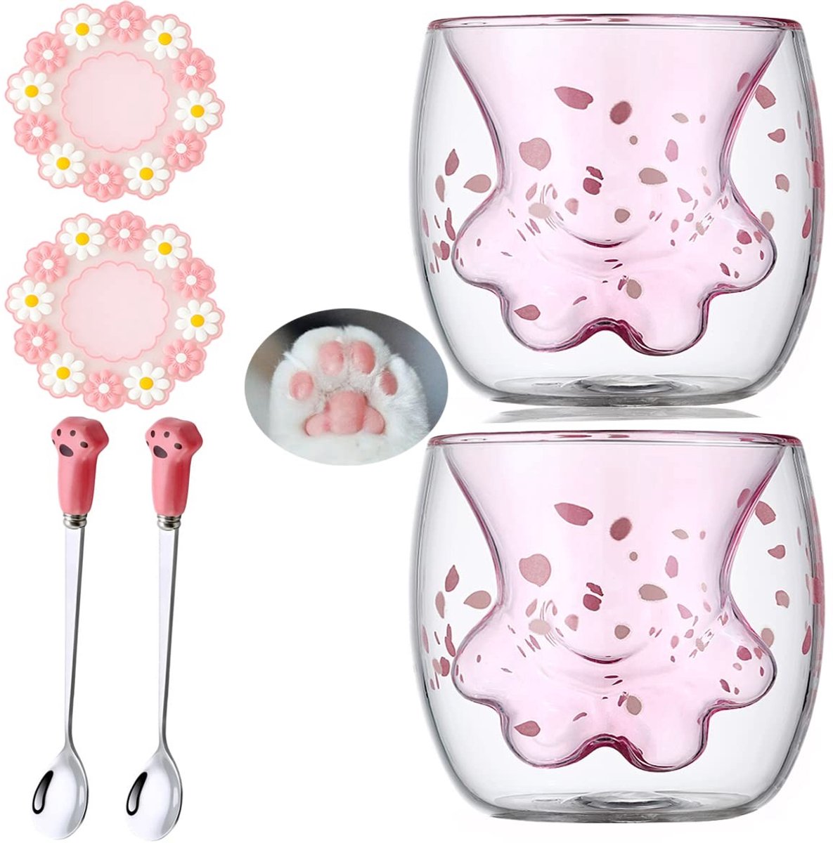 Omgoods - Set van 2 Dubbelwandige Glazen met Schattige Kattenpootjes