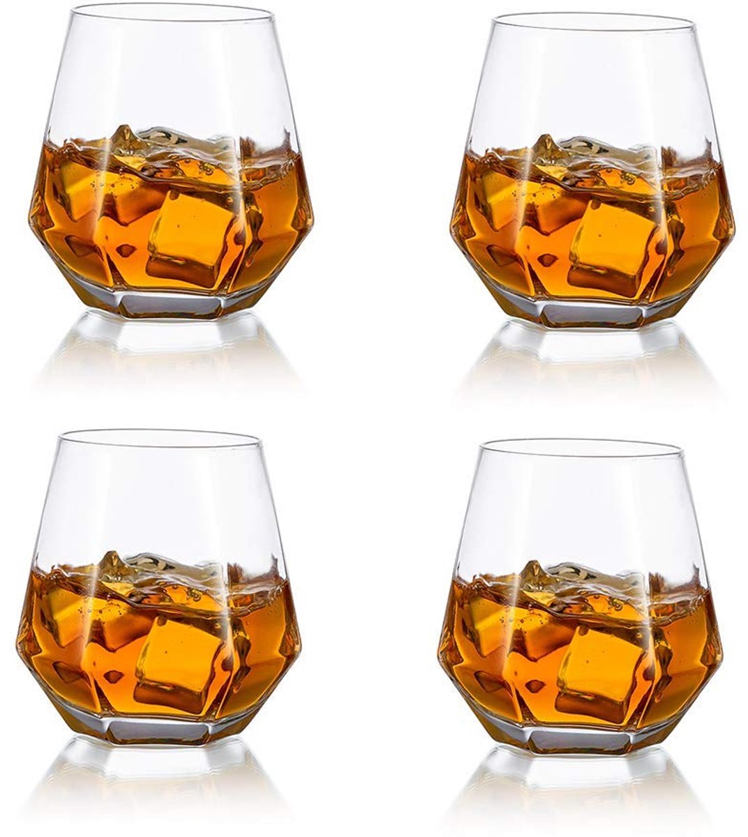 Omgoods - Set van 4 Geometrische Whiskey Glazen - 300ml Geschenken voor Bourbon en Rum