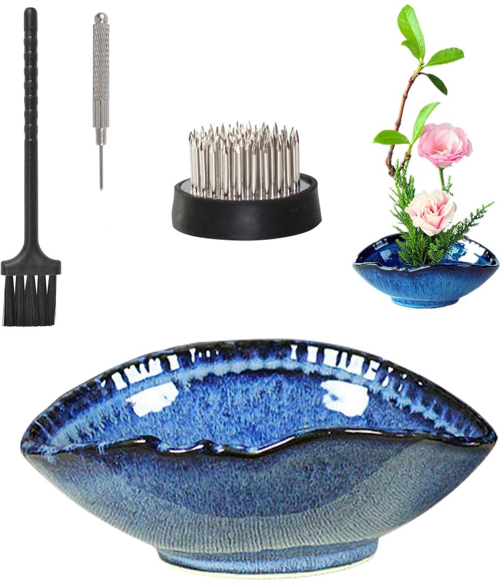 Omgoods - Blauwe Keramische Ikebana Vaas met Mini Bloemen Frog