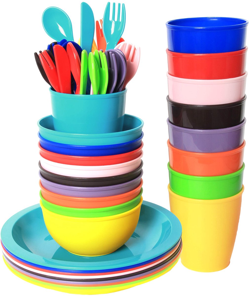 Omgoods - 54 Stuks Herbruikbaar Plastic Kindertafelgerei in Regenboogkleuren