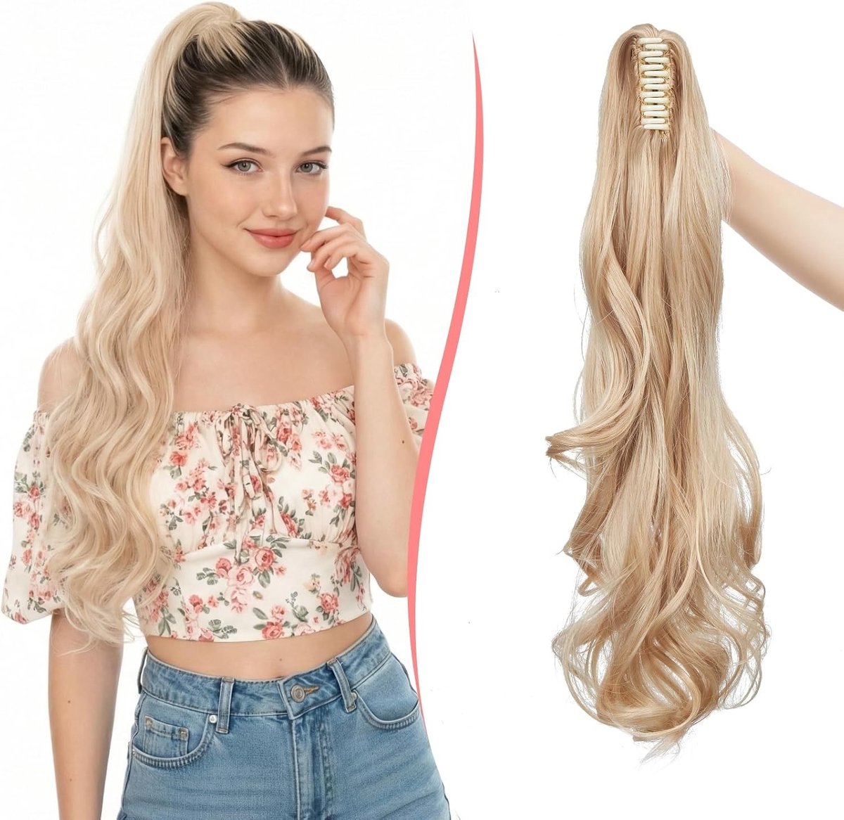 Lange krullende paardenstaartverlenging van synthetisch haar, 60 cm, voor een volle look en eenvoudig in te klemmen, donkerblond met blondering