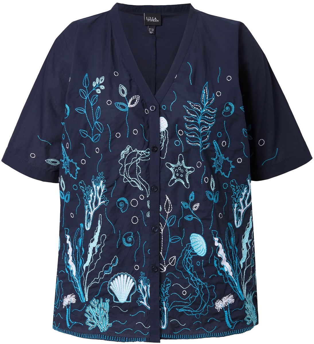 Ulla Popken - Dames - Blouse borduurwerk oversized V-hals halve mouwen - Marine - Maat 62+