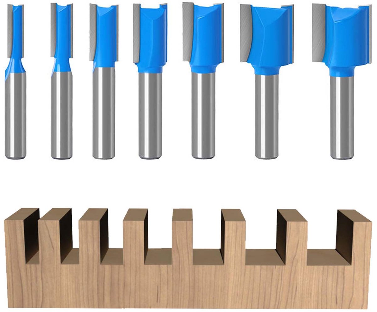 QTTVBTNA – 7-delige Bovenfrees Set – Rechte Frezen met Dubbele Snijkanten – Houtfrees Bits voor Groeven, Randen en Nauwkeurige Sneden – Voor Houtbewerking – 8mm