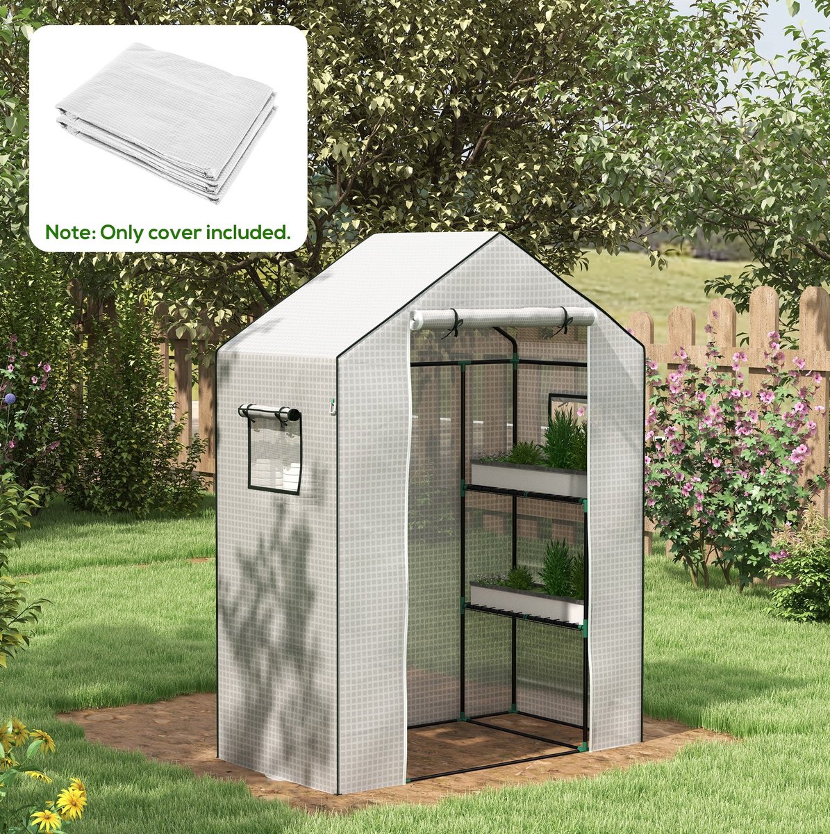 COVREO Kasfolie 140x73x190 cm wit, kunststof met roldeur en zijramen